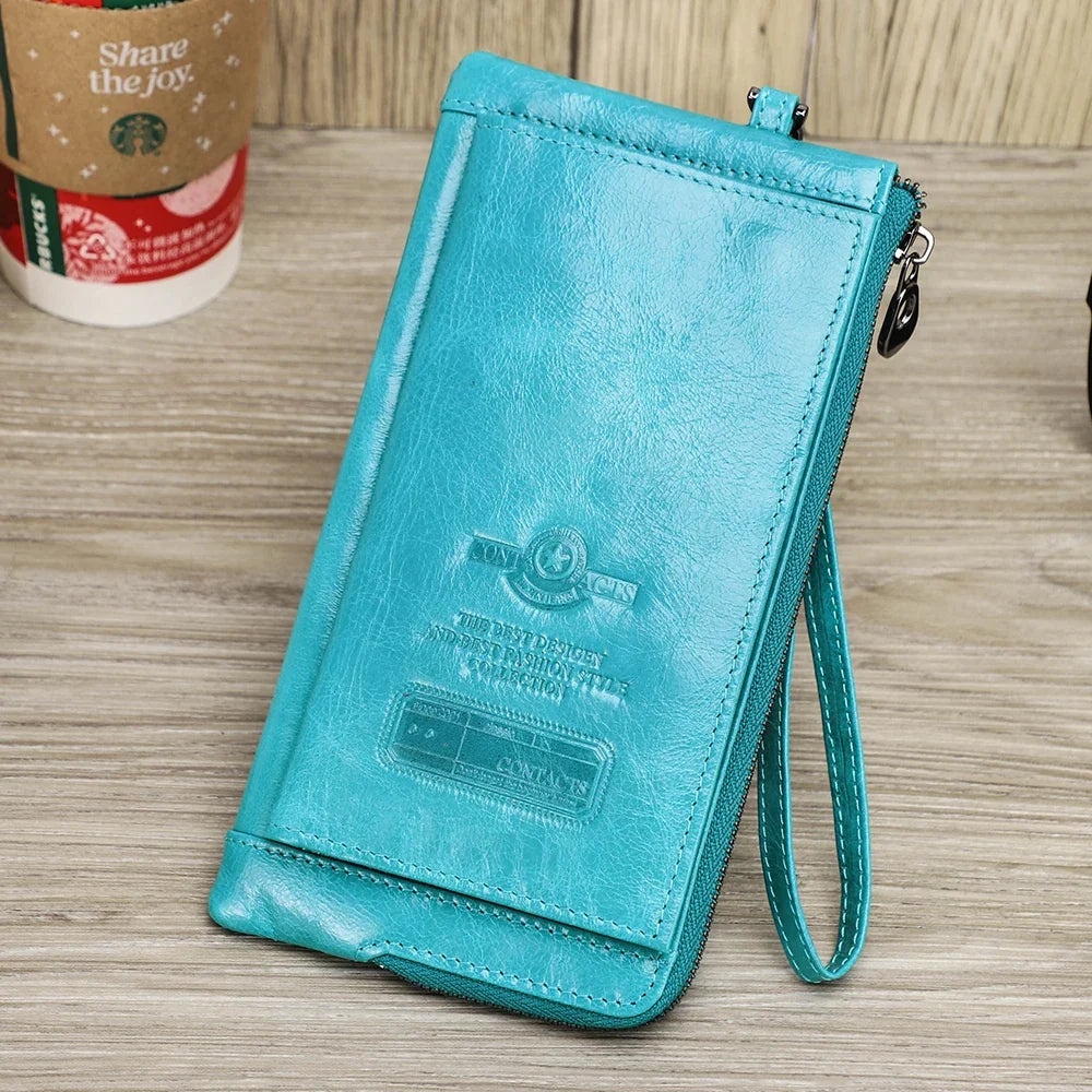Genuine Leather Long Wallet with Phone Compartment and Wrist Strap