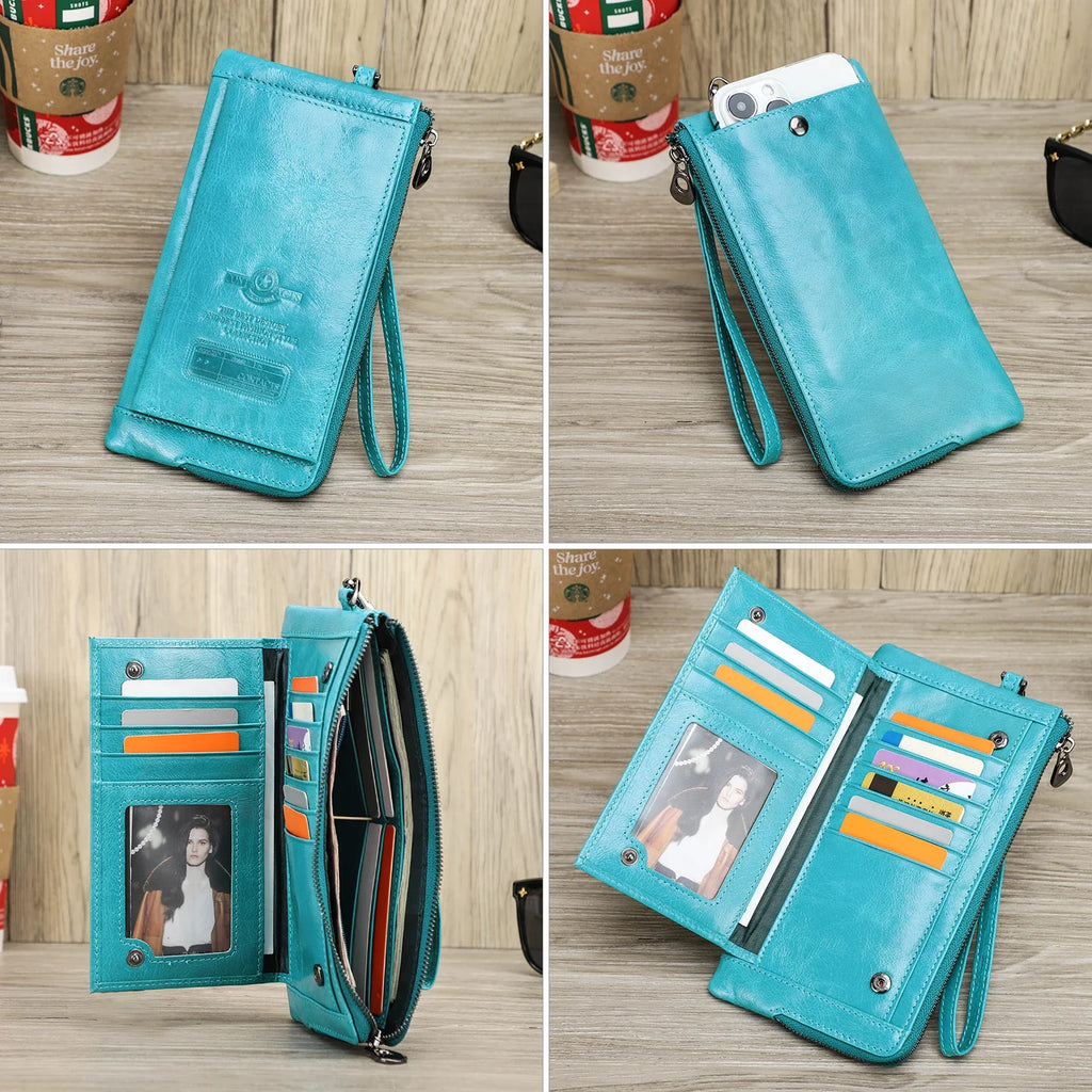 Genuine Leather Long Wallet with Phone Compartment and Wrist Strap
