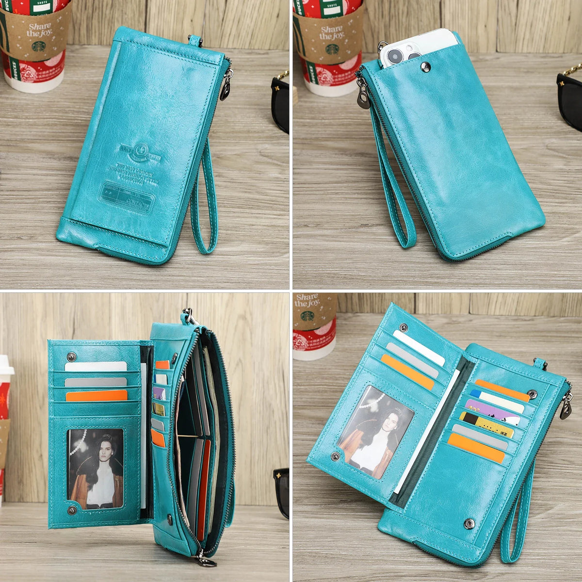 Genuine Leather Long Wallet with Phone Compartment and Wrist Strap Image