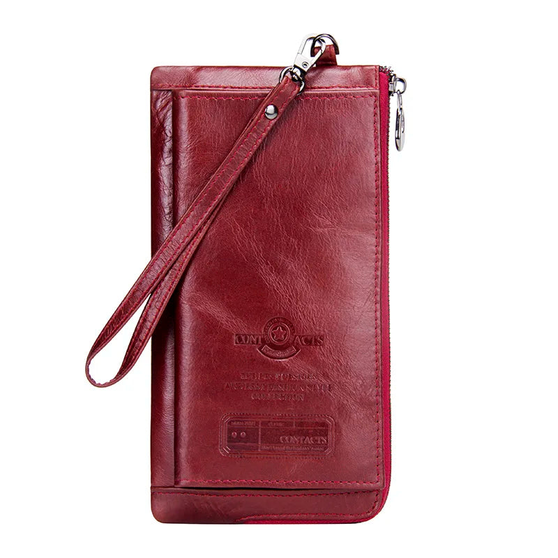 Genuine Leather Long Wallet with Phone Compartment and Wrist Strap