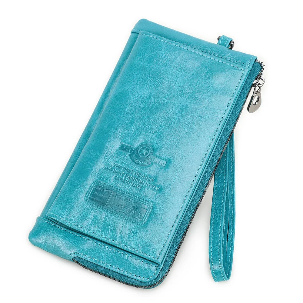 Genuine Leather Long Wallet with Phone Compartment and Wrist Strap