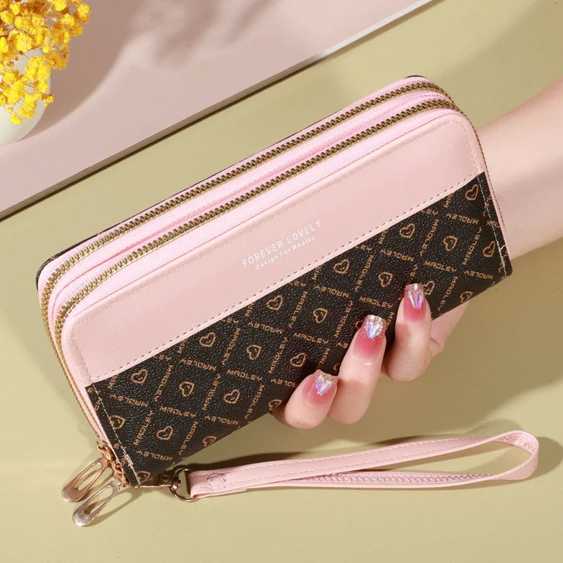 Women's Long Double Zip Wallet with Wrist Strap and Card Holder