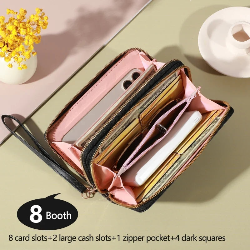 Women's Long Double Zip Wallet with Wrist Strap and Card Holder