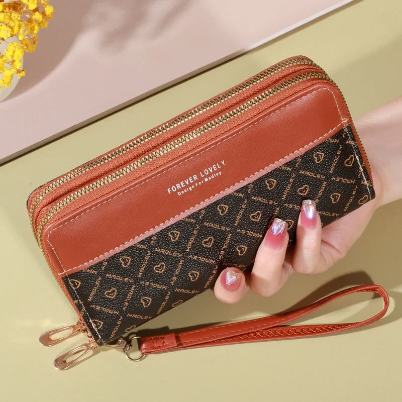 Women's Long Double Zip Wallet with Wrist Strap and Card Holder