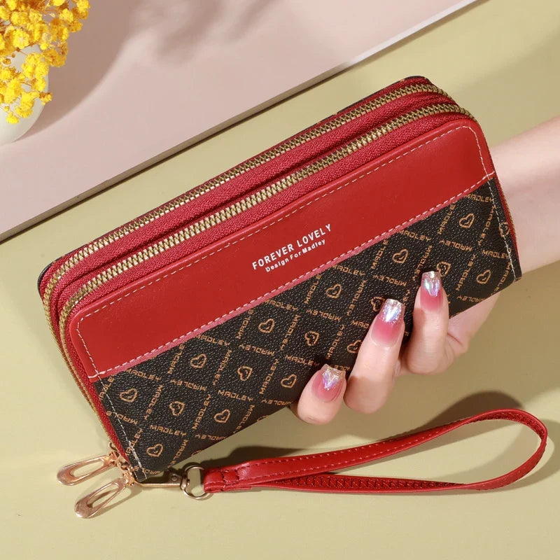Women's Long Double Zip Wallet with Wrist Strap and Card Holder