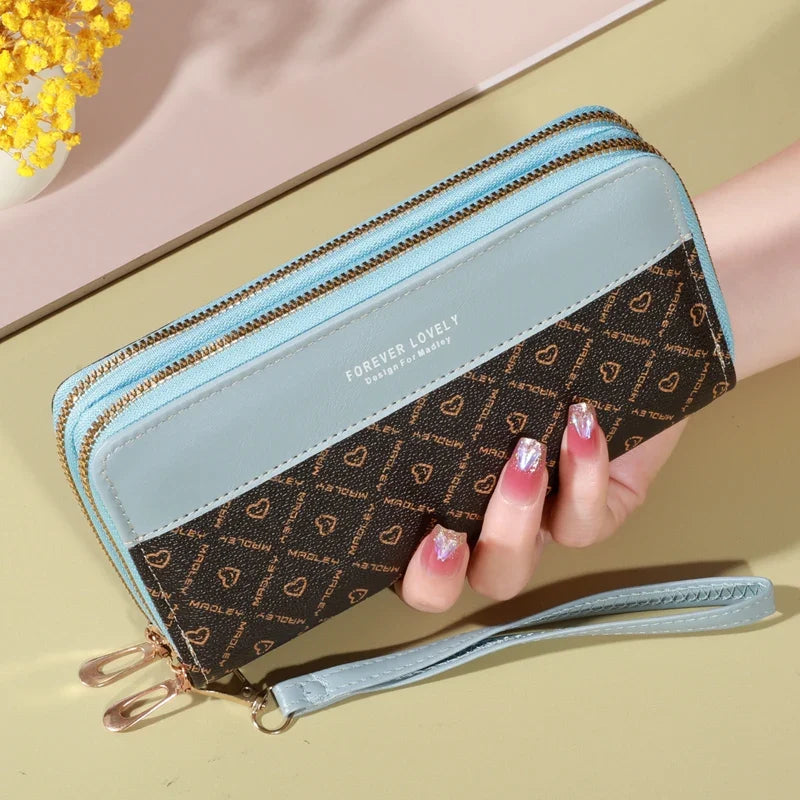 Women's Long Double Zip Wallet with Wrist Strap and Card Holder