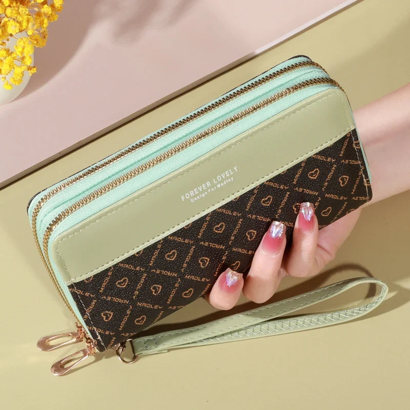Women's Long Double Zip Wallet with Wrist Strap and Card Holder