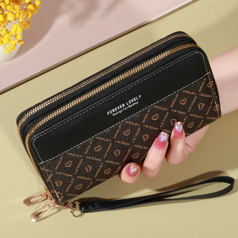 Women's Long Double Zip Wallet with Wrist Strap and Card Holder