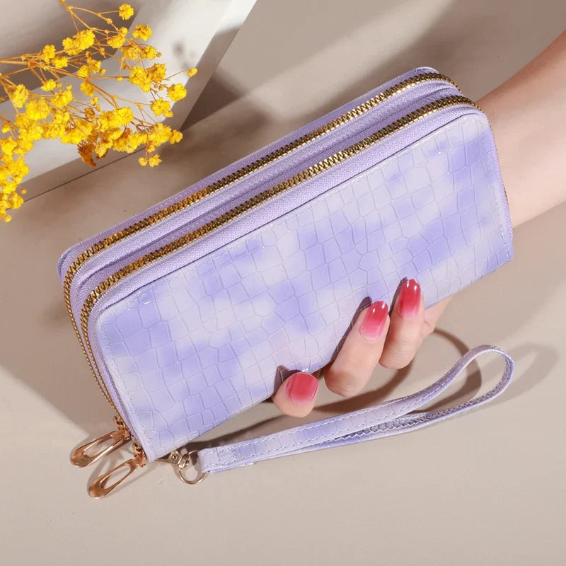 Women's Long Double Zip PU Leather Wallet with Wrist Strap and Large Capacity