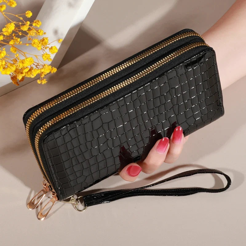 Women's Long Double Zip PU Leather Wallet with Wrist Strap and Large Capacity