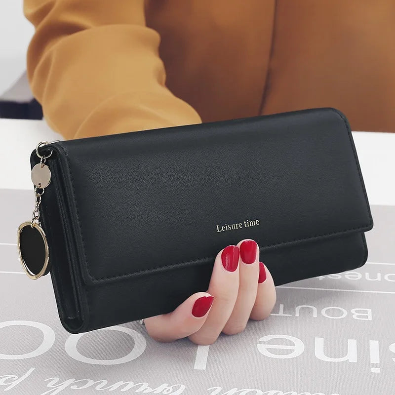 Long Trifold PU Leather Wallet for Women with Chic Card Holder