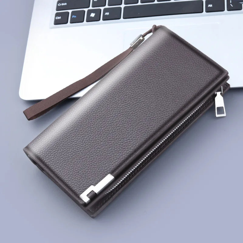 Men's Long PU Leather Wallet with Zip, Wrist Strap, and Large Phone Compartment