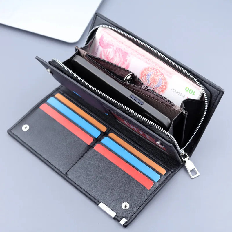 Men's Long PU Leather Wallet with Zip, Wrist Strap, and Large Phone Compartment
