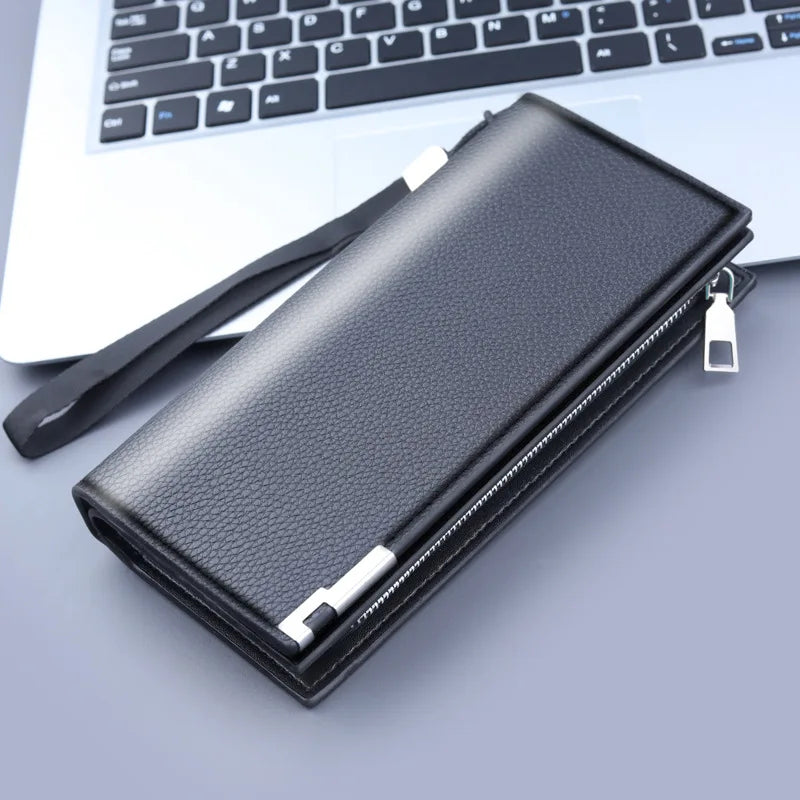 Men's Long PU Leather Wallet with Zip, Wrist Strap, and Large Phone Compartment Image