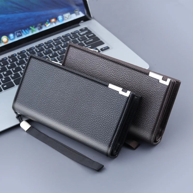 Men's Long PU Leather Wallet with Zip, Wrist Strap, and Large Phone Compartment Image