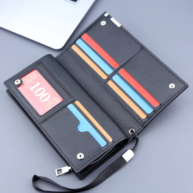 Men's Long PU Leather Wallet with Zip, Wrist Strap, and Large Phone Compartment