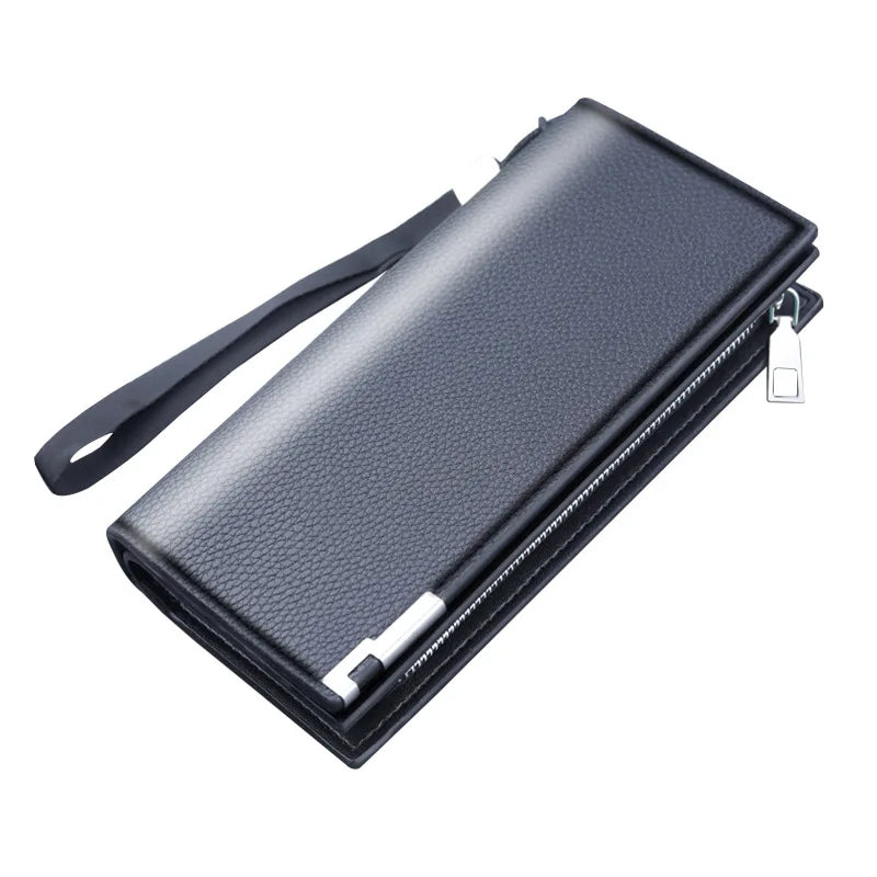 Men's Long PU Leather Wallet with Zip, Wrist Strap, and Large Phone Compartment
