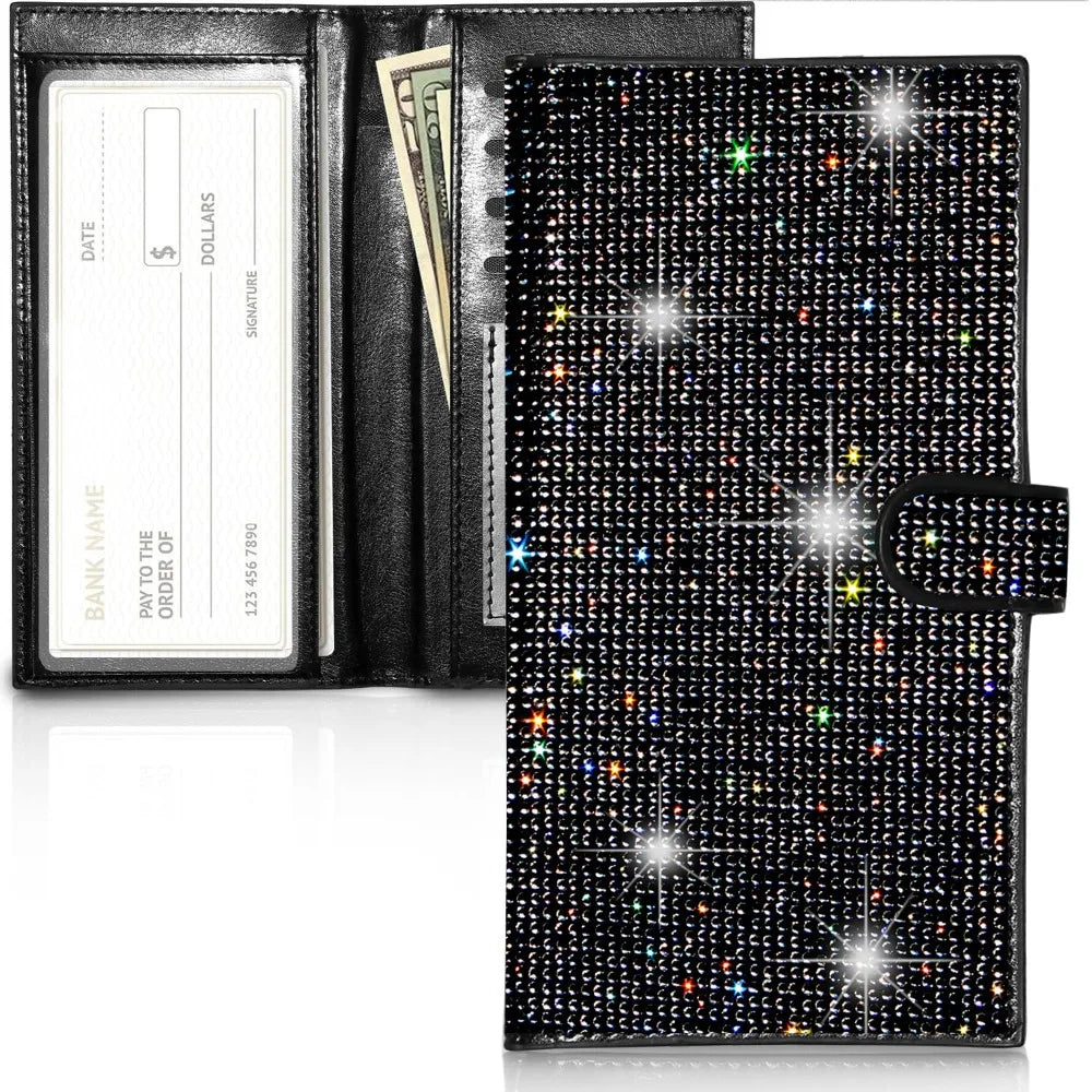 Women's Rhinestone PU Leather Checkbook Wallet with RFID Protection and Card Holder