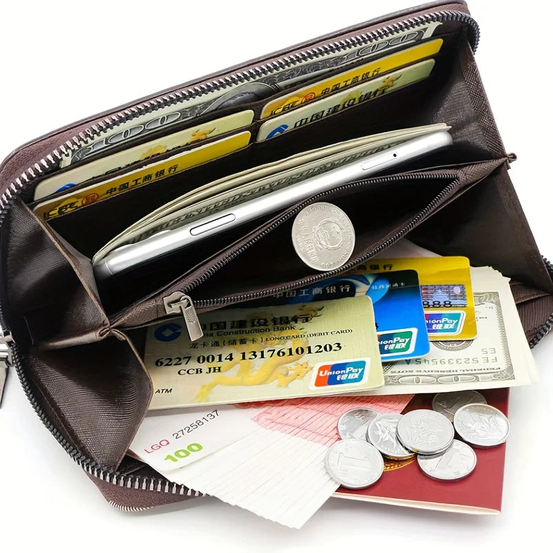 Men's Long Synthetic Leather Wallet with Zipper, Large Capacity and Phone Compartment