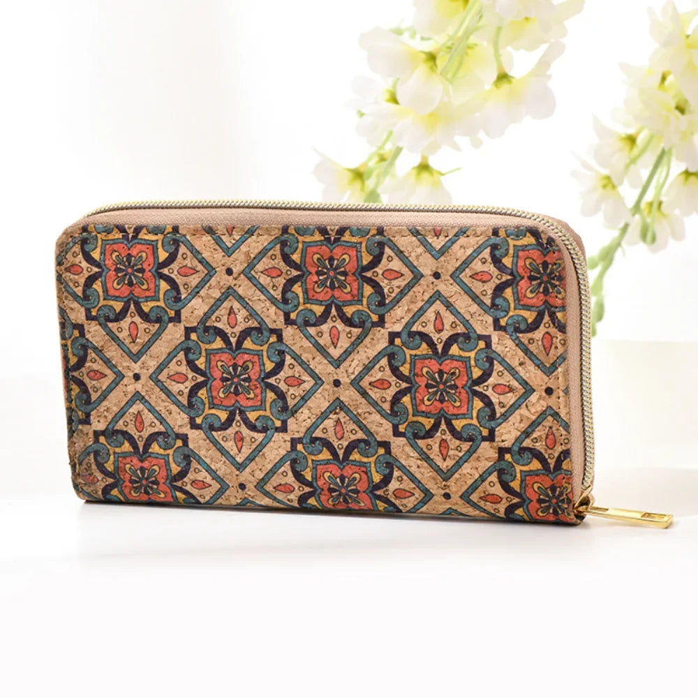 Long PU Cork Wallet with Large Capacity and Zipper Closure for Unisex
