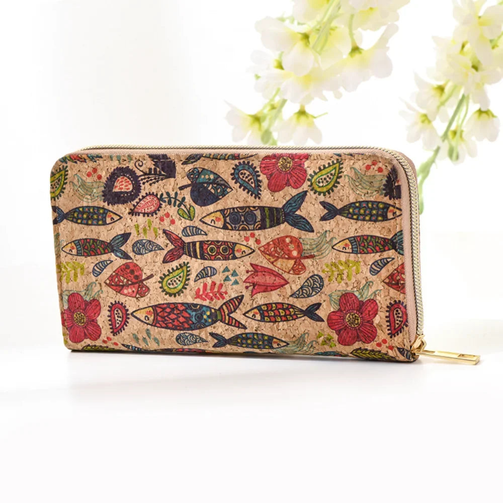 Long PU Cork Wallet with Large Capacity and Zipper Closure for Unisex