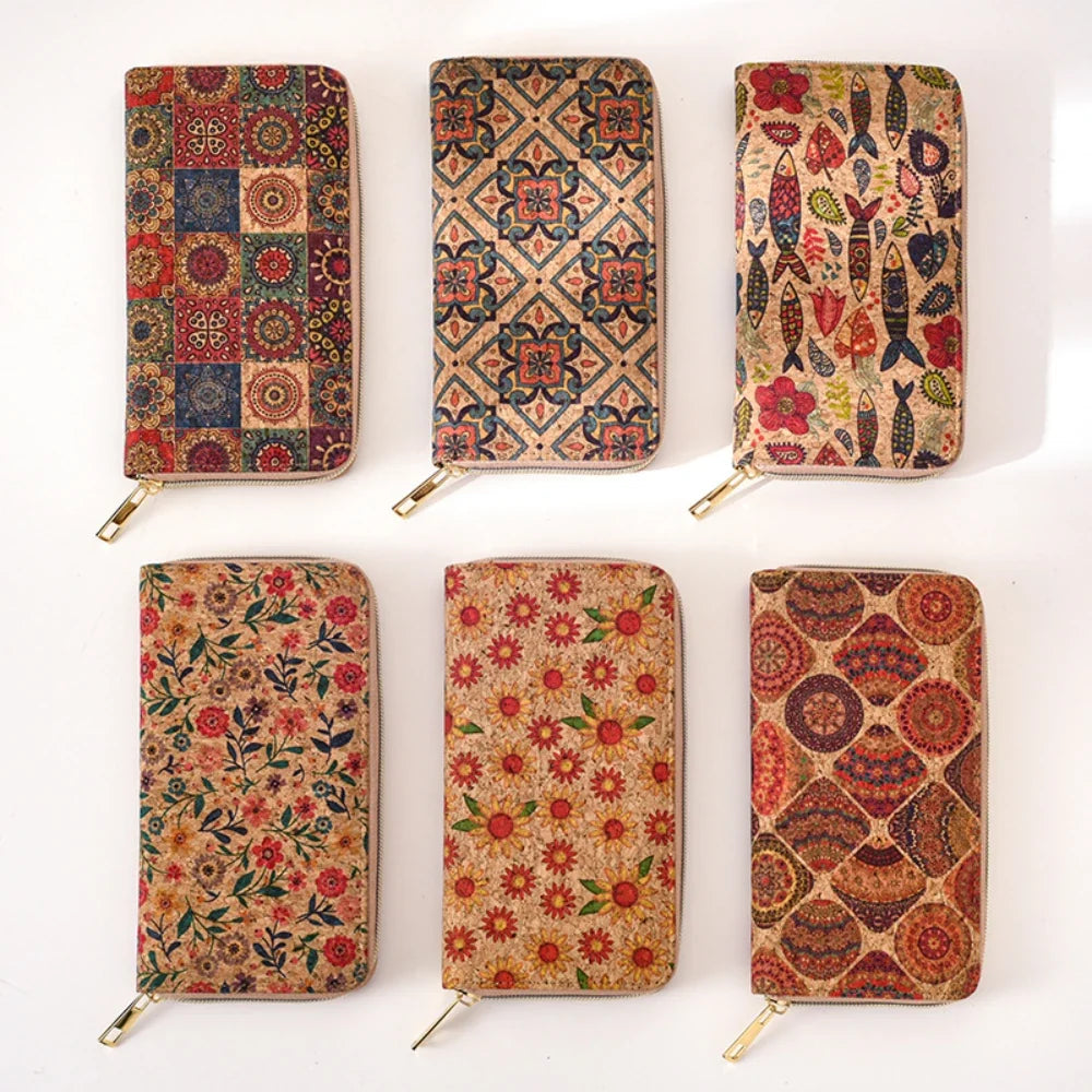 Long PU Cork Wallet with Large Capacity and Zipper Closure for Unisex