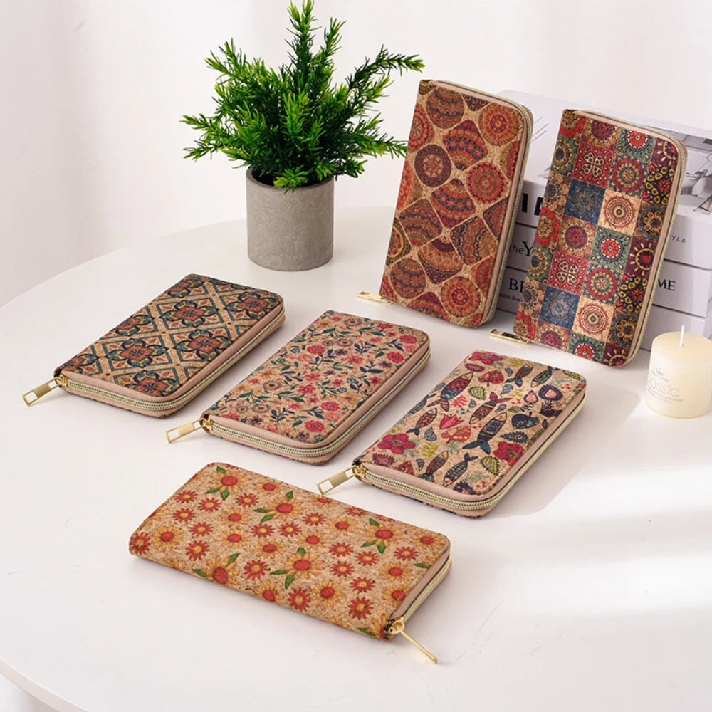 Long PU Cork Wallet with Large Capacity and Zipper Closure for Unisex