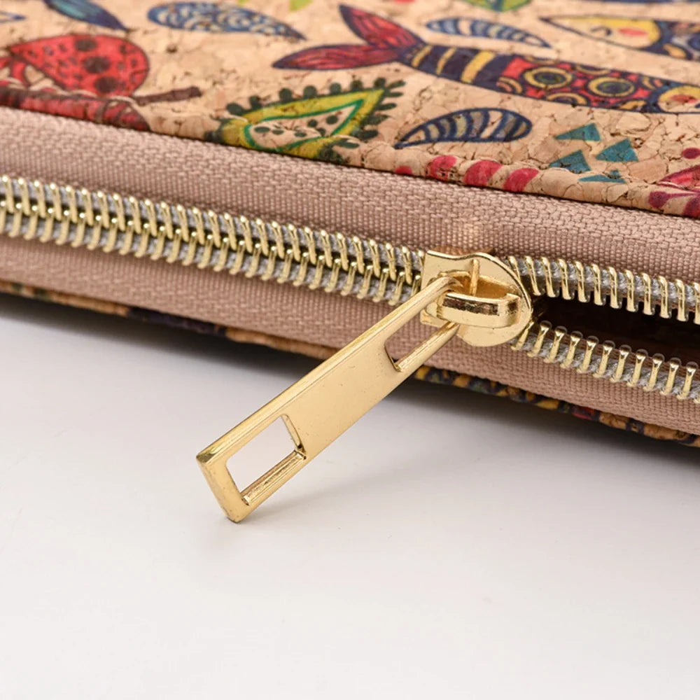 Long PU Cork Wallet with Large Capacity and Zipper Closure for Unisex