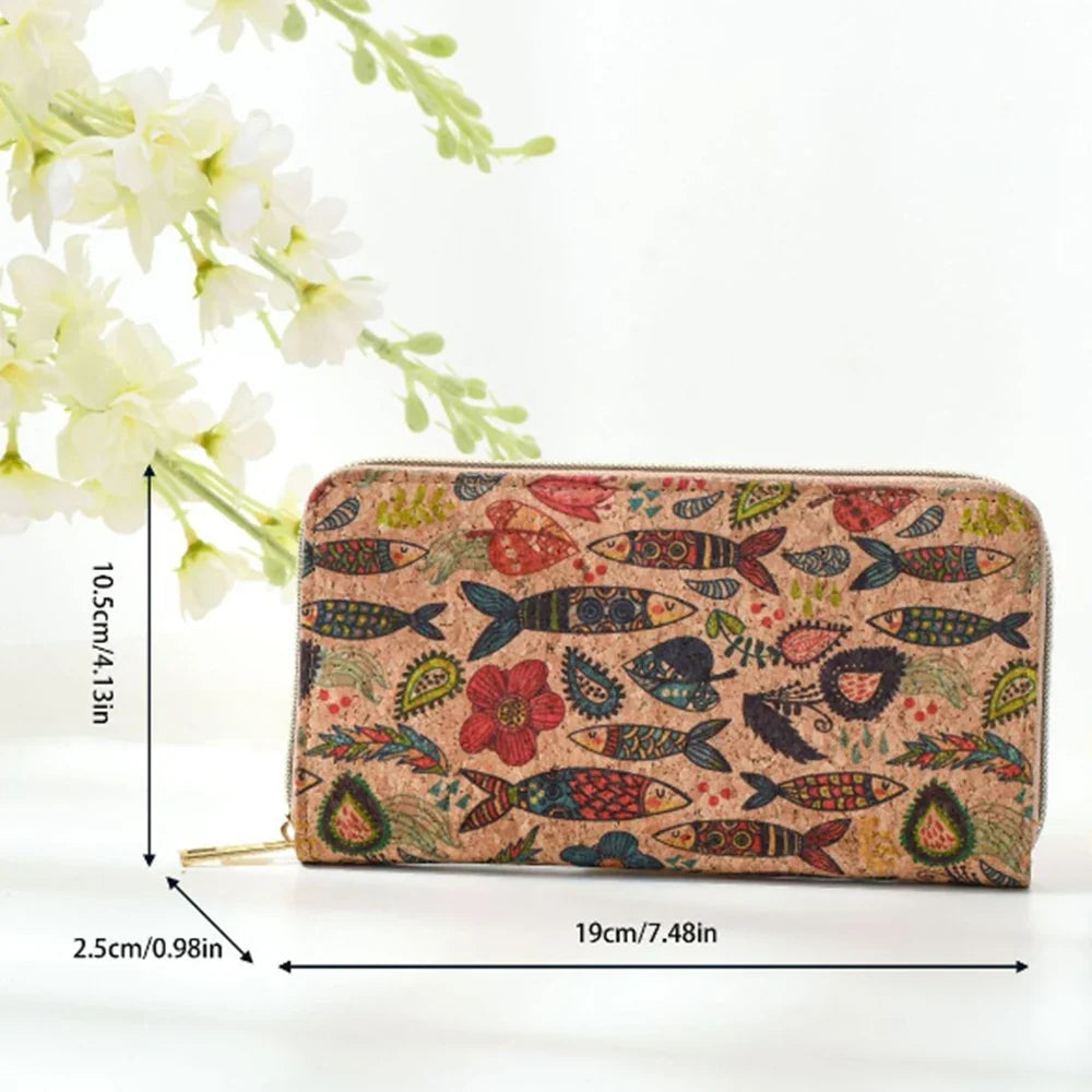 Long PU Cork Wallet with Large Capacity and Zipper Closure for Unisex