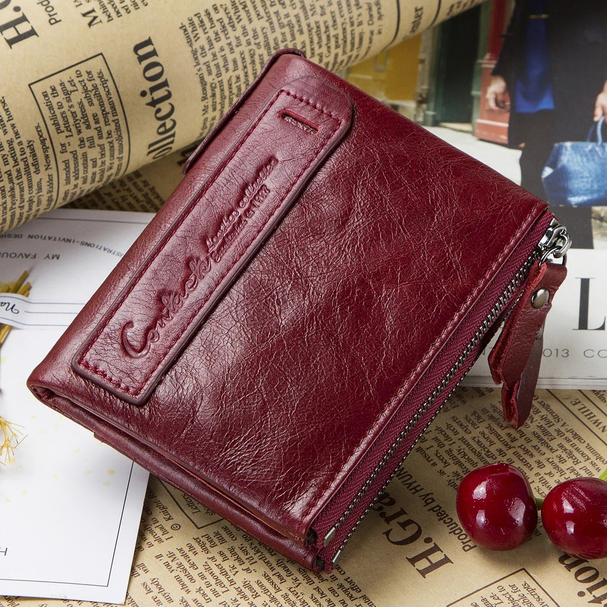 Mixed Leather Wallet with Double Zipper