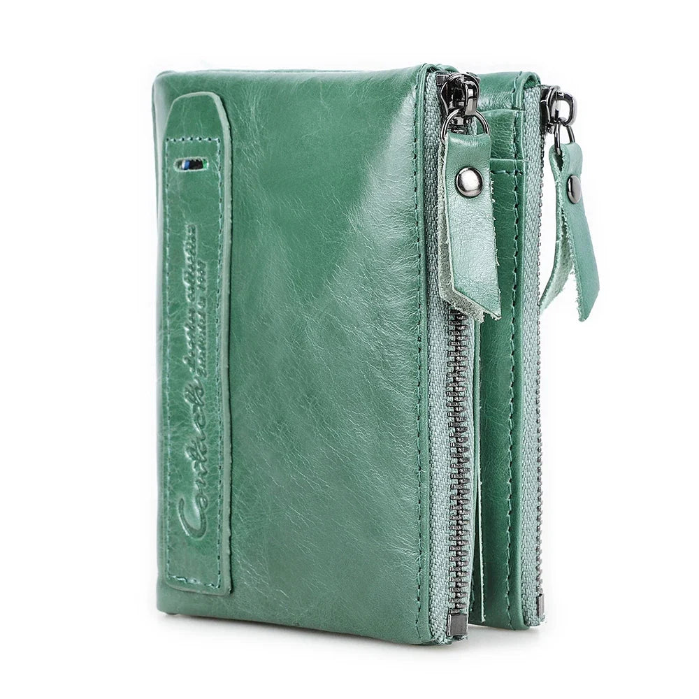 Mixed Leather Wallet with Double Zipper