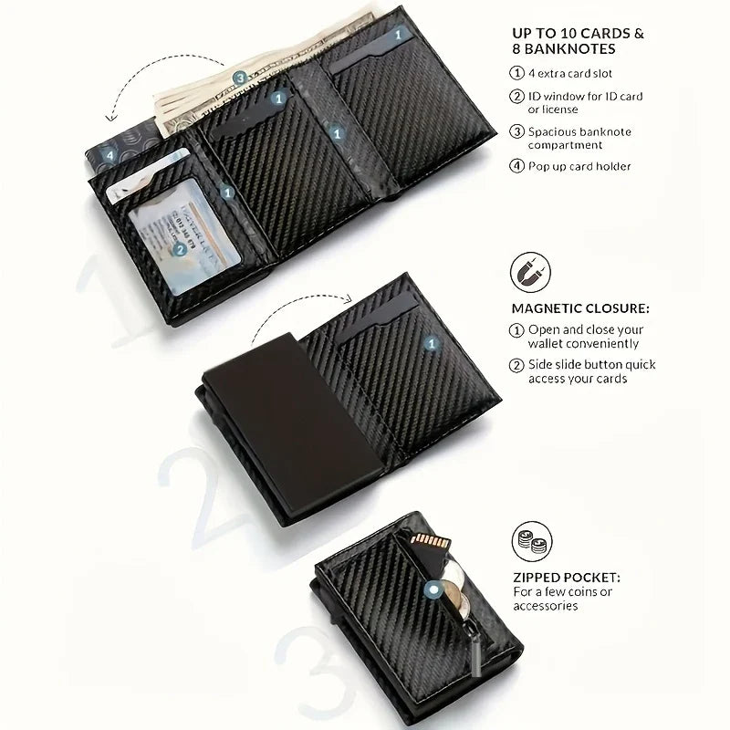 Pop-Up Business Wallet with Zippered Coin Pocket - RFID Security and Striped Design
