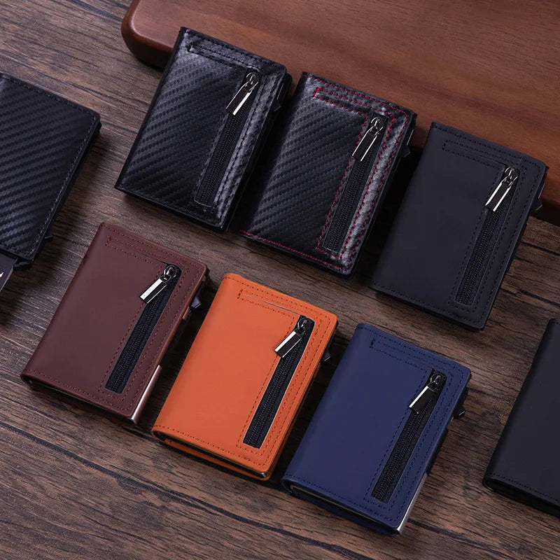 Compact RFID Pop-Up PU Leather Wallet with Zippered Card Holder for Men