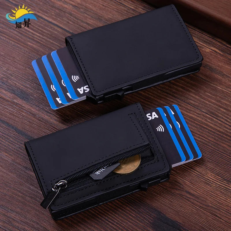 Compact RFID Pop-Up PU Leather Wallet with Zippered Card Holder for Men