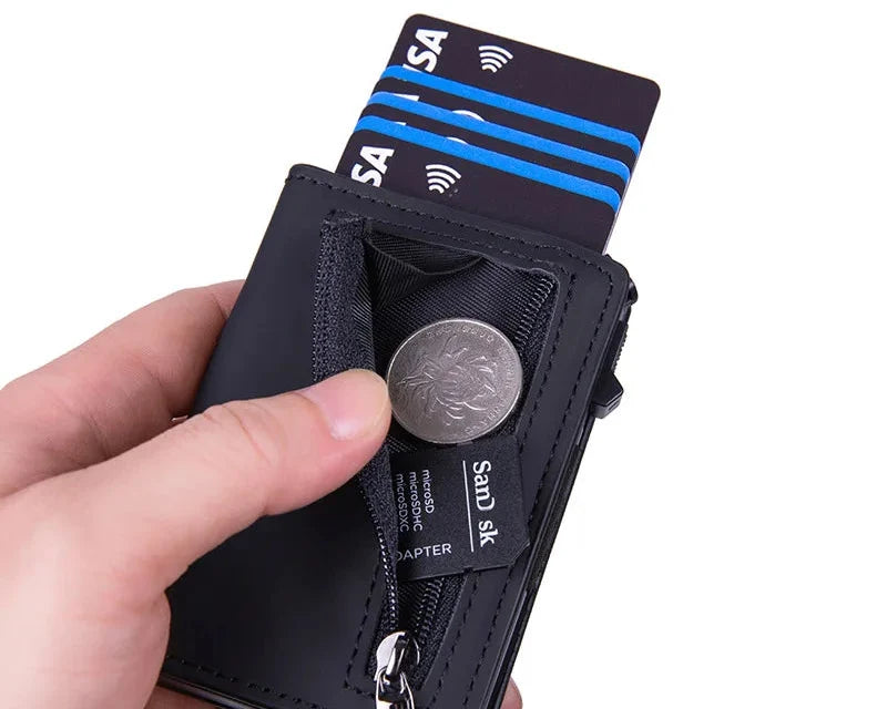 Compact RFID Pop-Up PU Leather Wallet with Zippered Card Holder for Men Image