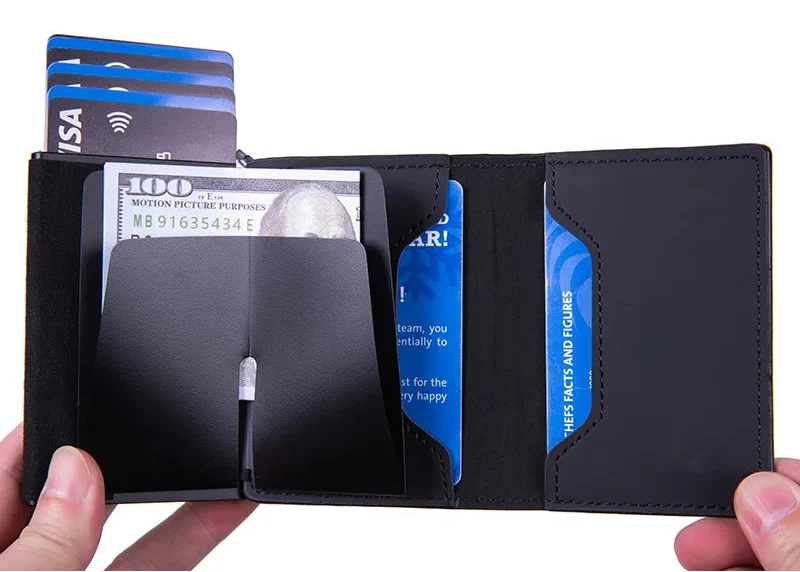 Compact RFID Pop-Up PU Leather Wallet with Zippered Card Holder for Men
