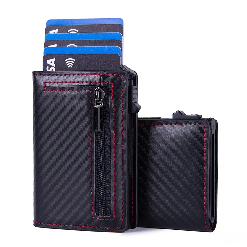 Compact RFID Pop-Up PU Leather Wallet with Zippered Card Holder for Men