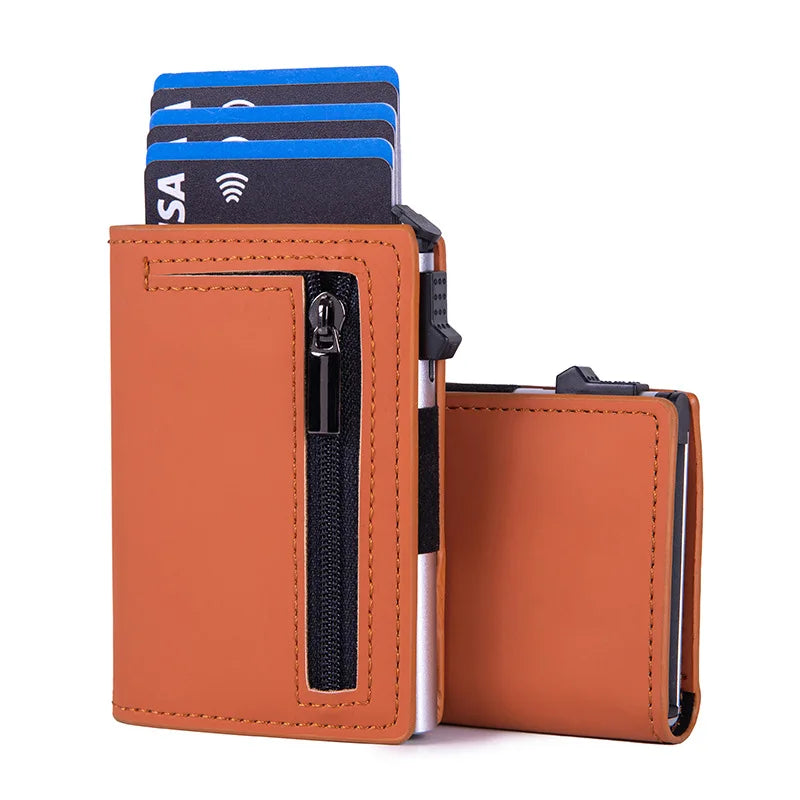 Compact RFID Pop-Up PU Leather Wallet with Zippered Card Holder for Men
