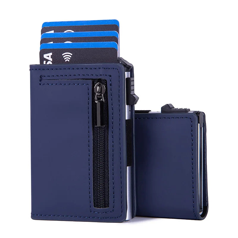 Compact RFID Pop-Up PU Leather Wallet with Zippered Card Holder for Men