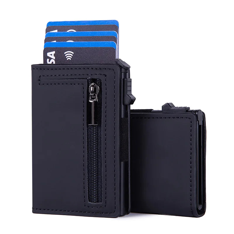 Compact RFID Pop-Up PU Leather Wallet with Zippered Card Holder for Men
