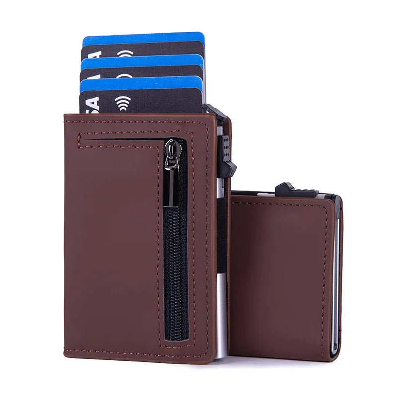 Compact RFID Pop-Up PU Leather Wallet with Zippered Card Holder for Men