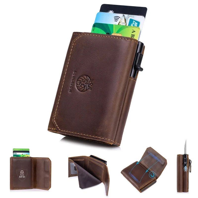 Genuine Leather Trifold Pop-Up Wallet - RFID Security and Smart Design