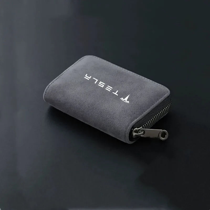 Compact Leather Zippered Card Wallet for Tesla with Large Capacity