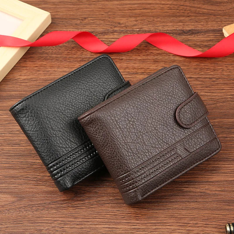 Slim PU Wallet for Men – Bifold Wallet with Card Holder, ID Window, Coin Pocket, and Snap Closure