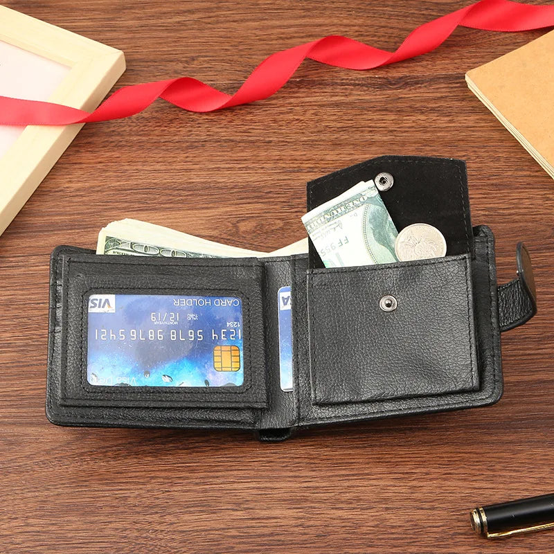 Slim PU Wallet for Men – Bifold Wallet with Card Holder, ID Window, Coin Pocket, and Snap Closure