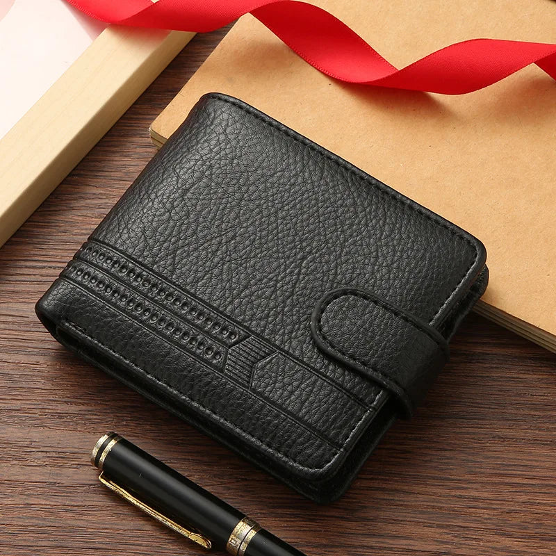 Slim PU Wallet for Men – Bifold Wallet with Card Holder, ID Window, Coin Pocket, and Snap Closure