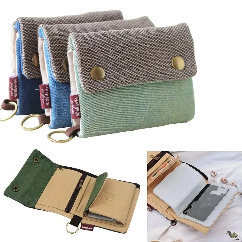 Unisex Foldable Fabric Wallet in Two-Tone Canvas with Snap Closure and Keyring