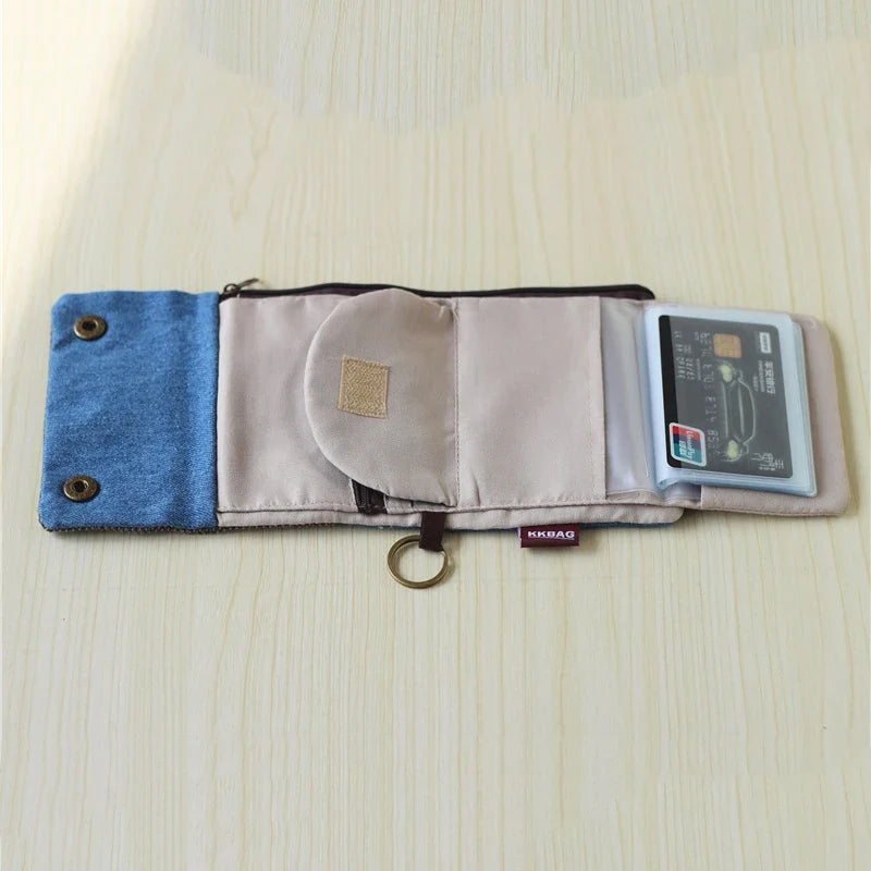 Unisex Foldable Fabric Wallet in Two-Tone Canvas with Snap Closure and Keyring