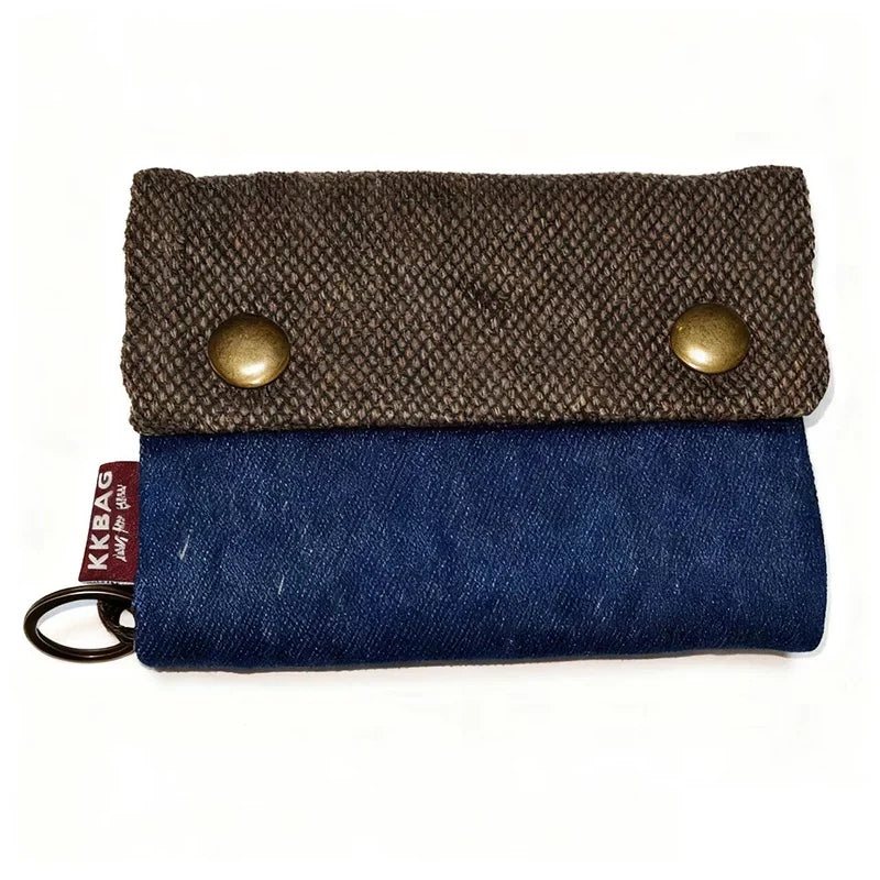 Unisex Foldable Fabric Wallet in Two-Tone Canvas with Snap Closure and Keyring