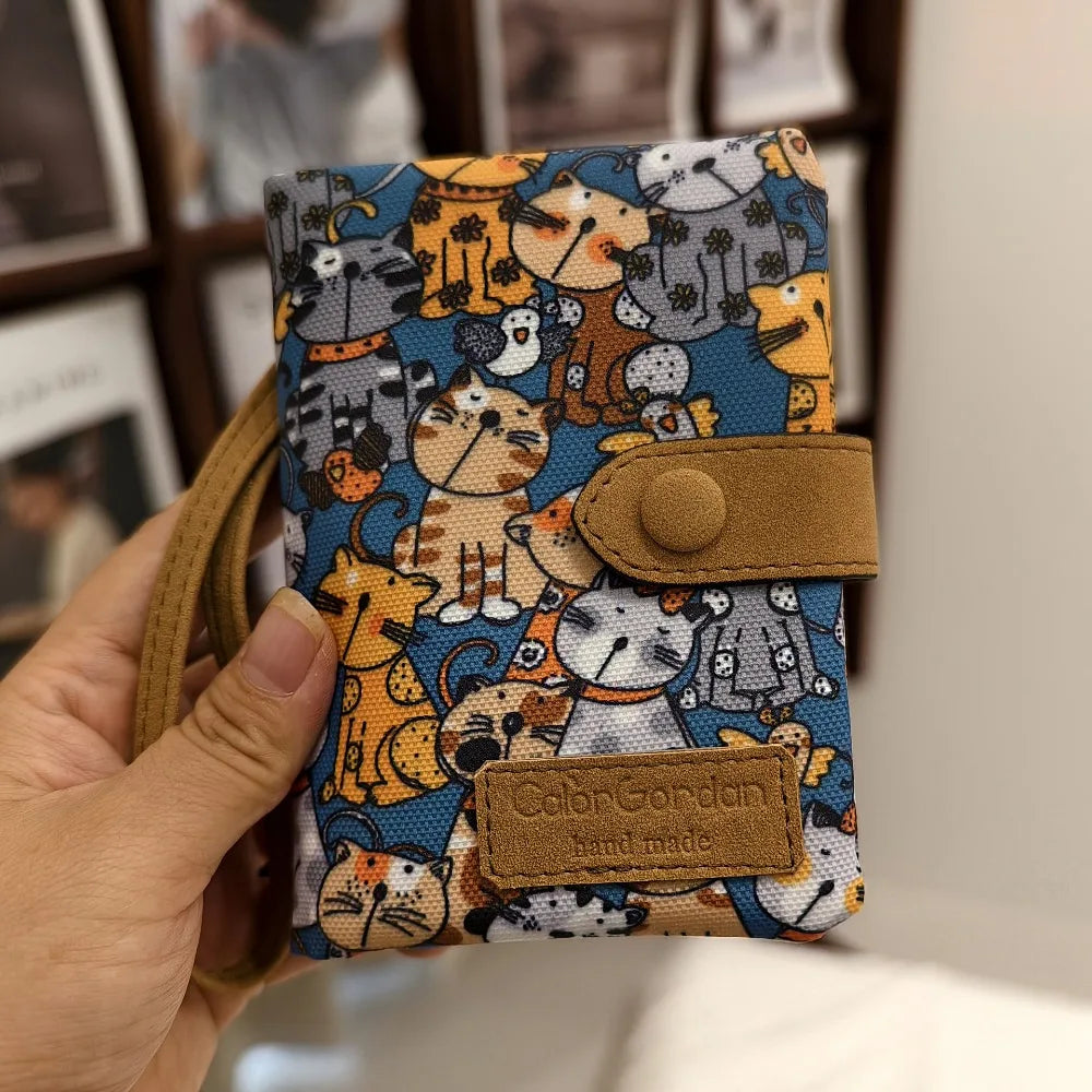 Compact Printed Canvas Wallet with Cat Design
